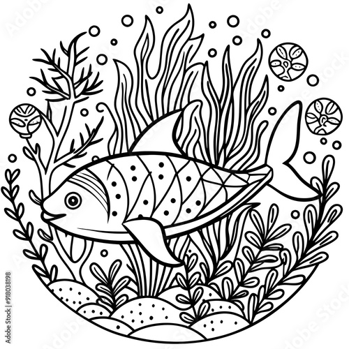 underwater theme with fish, sea creatures, seaweeds and corals on colouring page for kids on vector illustrations