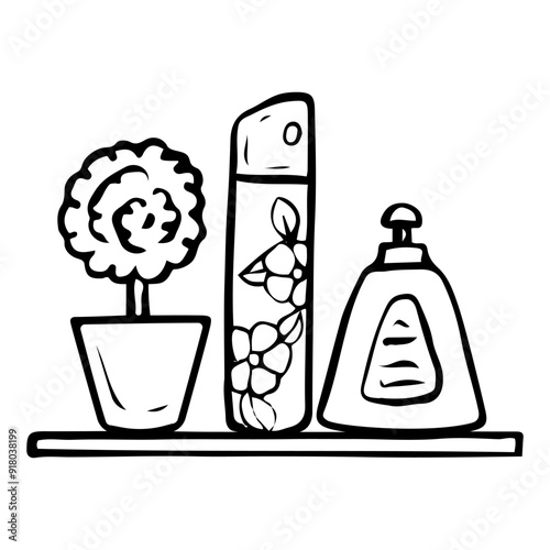 Hand drawn doodle on bathroom shelf with soap, air freshener and decorations. Shower and laundry room. Home interior design. Vector outline line art illustration.
