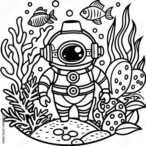 underwater theme with fish, sea creatures, seaweeds and corals on colouring page for kids on vector illustrations