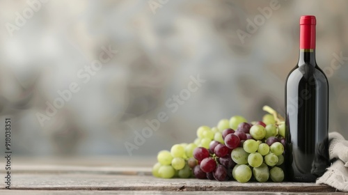 Red Wine Bottle Beside Green and Red Grapes on Rustic Wooden Table