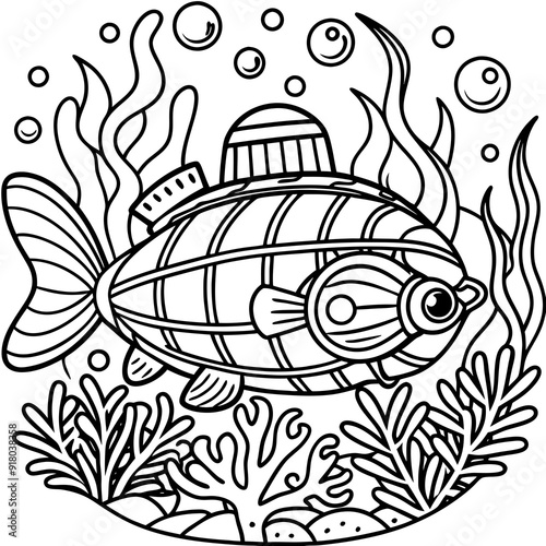 underwater theme with fish, sea creatures, seaweeds and corals on colouring page for kids on vector illustrations