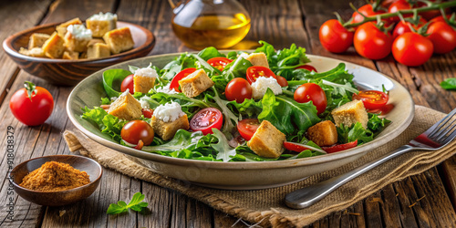 Freshly prepared mixed green salad with crispy croutons, cherry tomatoes, and shaved parmesan cheese, arranged artfully on a rustic wooden table.