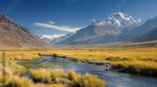 Snow-Capped Mountains Overlooking Lush Fields in Clear Sky