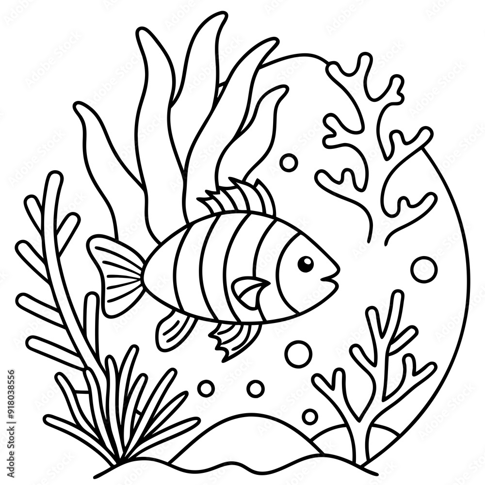 Fototapeta premium underwater theme with fish, sea creatures, seaweeds and corals on colouring page for kids on vector illustrations