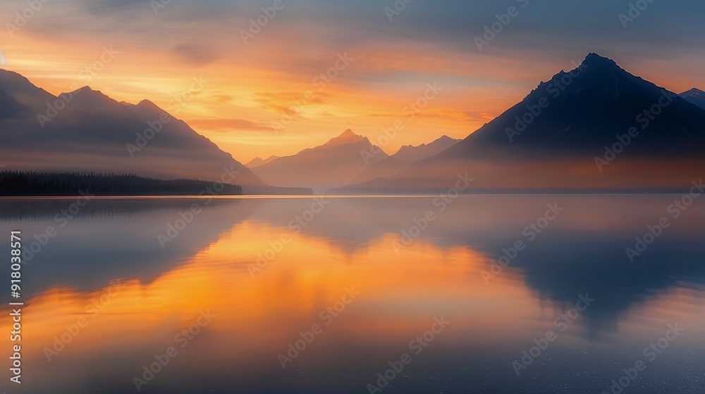 Sunset Over Serene Lake Surrounded by Mountains in Tranquil Landscape