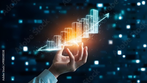 hand pushing a button and grow, step by step growth on business.