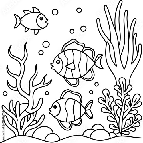 underwater theme with fish, sea creatures, seaweeds and corals on colouring page for kids on vector illustrations