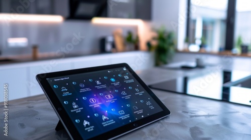 A tablet displaying a smart home dashboard stands in a modern, well-lit kitchen with a bay window, tile floor, and island, creating a spacious and contemporary setting.