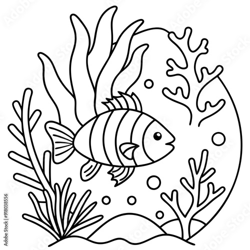 underwater theme with fish, sea creatures, seaweeds and corals on colouring page for kids on vector illustrations
