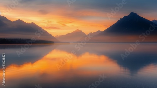 Sunset Over Serene Lake Surrounded by Mountains in Tranquil Landscape