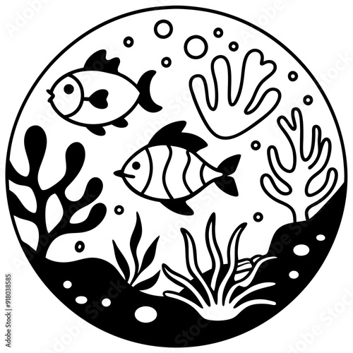 underwater theme with fish, sea creatures, seaweeds and corals on colouring page for kids on vector illustrations