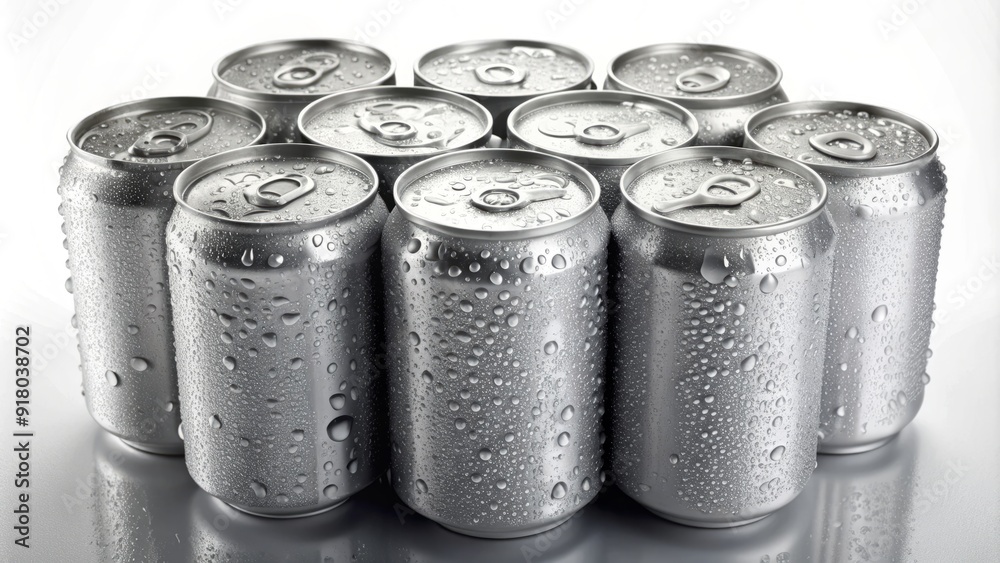 Cold refreshment awaits, with a bundle of six frosty beverage cans, condensation droplets glistening on their shiny surfaces, against a soft white background. Cold refreshment awaits, with a bundle of six frosty beverage cans, condensation droplets glistening on their shiny surfaces, against a soft white background.