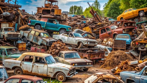 Wallpaper Mural Cluttered junkyard filled with rusty old cars, discarded machinery, and scrap metal, emphasizing the need for recycling and proper waste management practices. Torontodigital.ca