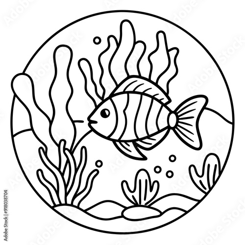 underwater theme with fish, sea creatures, seaweeds and corals on colouring page for kids on vector illustrations