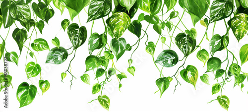 Seamless Horizontal Watercolor Pothos vines isolated on White background