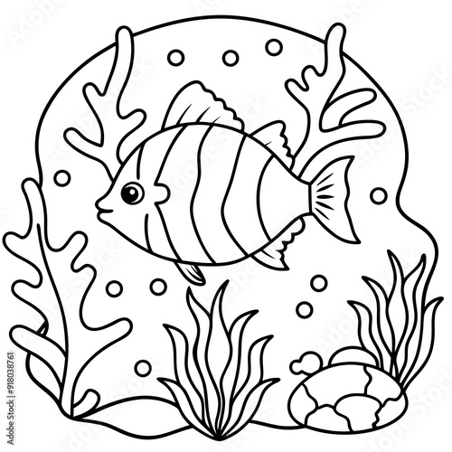 underwater theme with fish, sea creatures, seaweeds and corals on colouring page for kids on vector illustrations