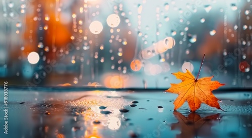 Autumn Leaf Clinging to Rainy Window in Urban Setting on a Gloomy Day