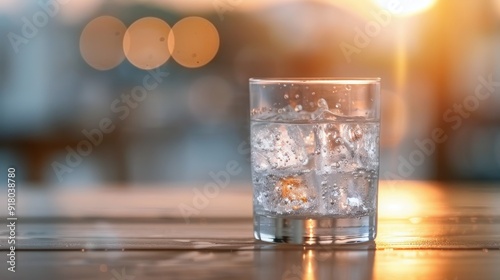 Refreshing Glass of Water With Ice Cubes on Rustic Wooden Table