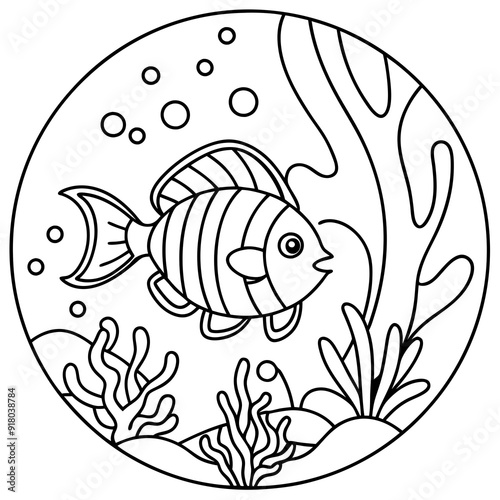 underwater theme with fish, sea creatures, seaweeds and corals on colouring page for kids on vector illustrations