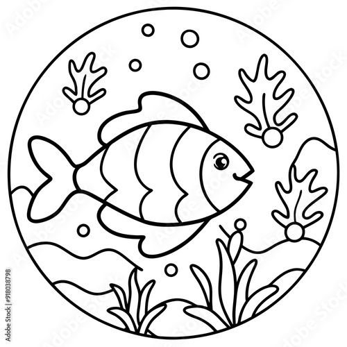 underwater theme with fish, sea creatures, seaweeds and corals on colouring page for kids on vector illustrations