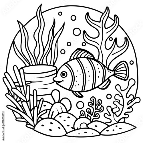 underwater theme with fish, sea creatures, seaweeds and corals on colouring page for kids on vector illustrations