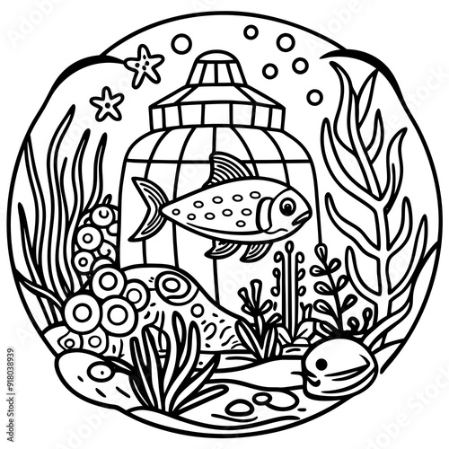 underwater theme with fish, sea creatures, seaweeds and corals on colouring page for kids on vector illustrations