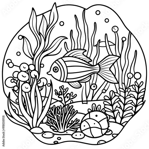 underwater theme with fish, sea creatures, seaweeds and corals on colouring page for kids on vector illustrations