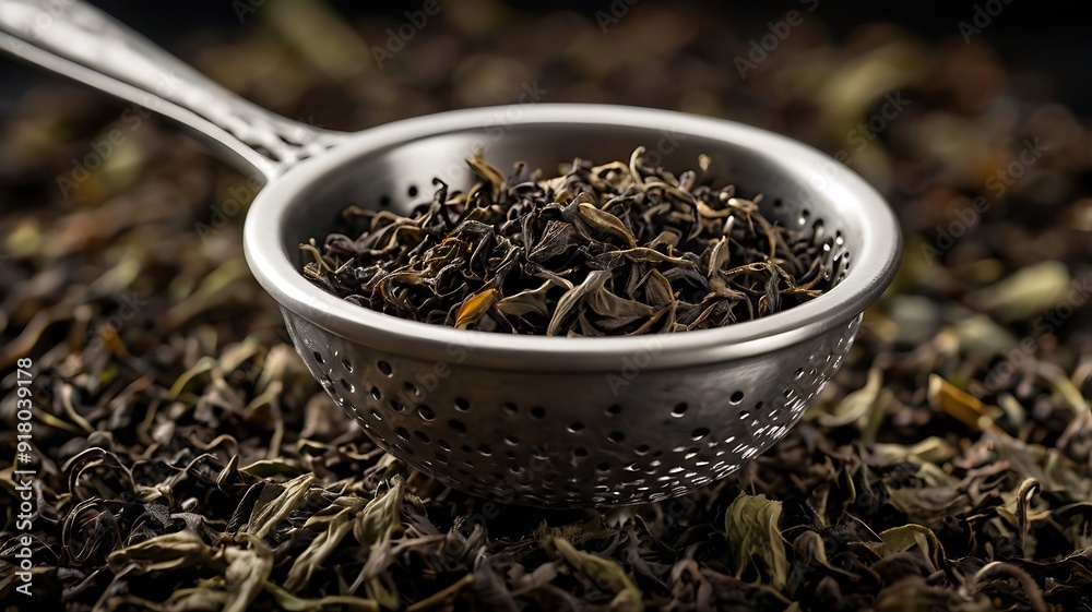 Elegant Silver Tea Infuser with Dried Loose Leaf Tea Leaves Close-Up Elegant Silver Tea Infuser with Dried Loose Leaf Tea Leaves Close-Up