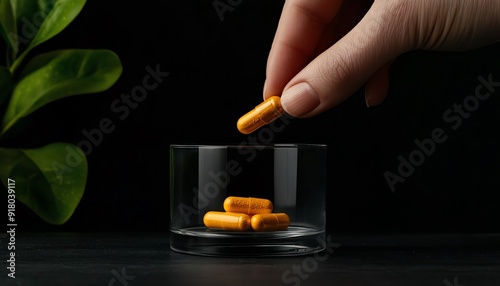 Detailed view of a person carefully placing a supplement capsule into a glass dish, supplement, support and balance photo