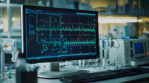 Wallpaper Mural A scientific research setting with a computer screen displaying complex electrical wave graphs, highlighting the detailed data and analysis of electrical signals. Torontodigital.ca