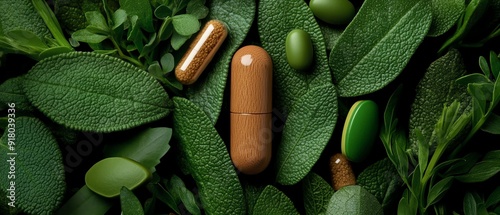 Detailed view of a supplement capsule nestled in a bed of fresh herbs, supplement, nature's balance boost photo