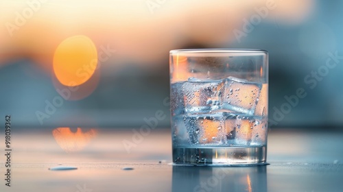 Refreshing Glass of Water With Ice Cubes on Rustic Wooden Table