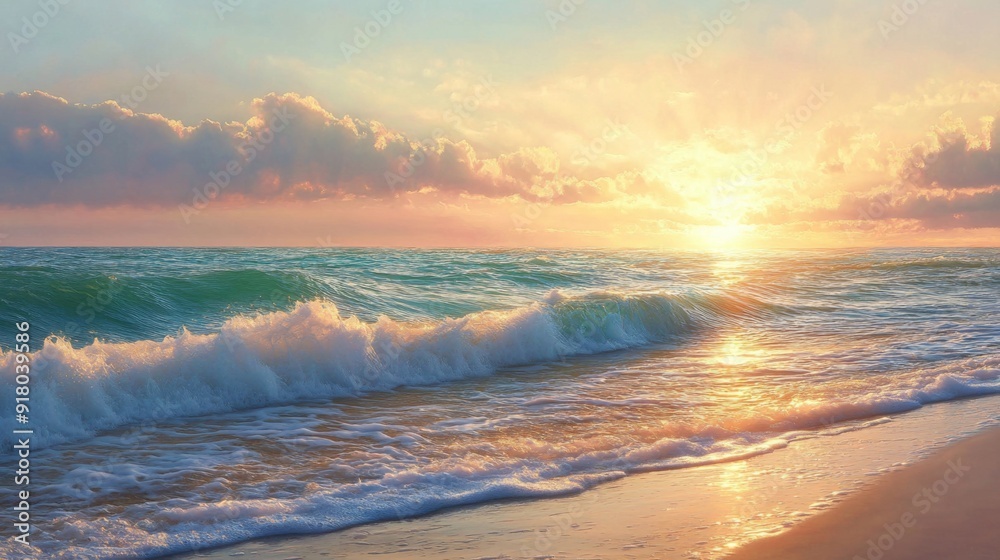 Fototapeta premium A serene coastal scene with the sun rising above the horizon, casting soft, warm light over gentle waves and creating a peaceful beach setting.