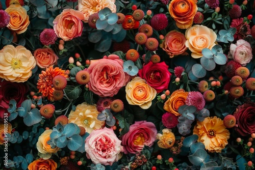 Floral grid backdrop at a garden wedding, showcasing vibrant flowers arranged in a geometric pattern