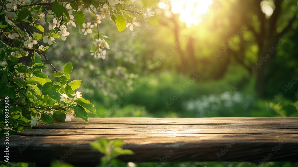 Spring Background with Green Foliage and Flowering Branches on a Wooden Table in Nature Generative AI Spring Background with Green Foliage and Flowering Branches on a Wooden Table in Nature Generative AI