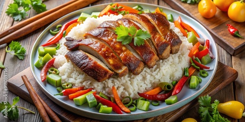 Crispy fried duck lies atop a bed of steaming white rice, surrounded by a refreshing mix of chopped vegetables, in a vibrant flat lay arrangement. photo