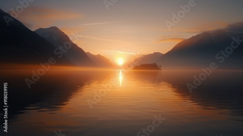 Sunset Over Serene Lake Surrounded by Mountains in Tranquil Landscape