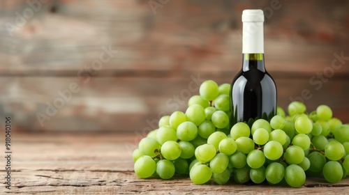 Red Wine Bottle Beside Green and Red Grapes on Rustic Wooden Table