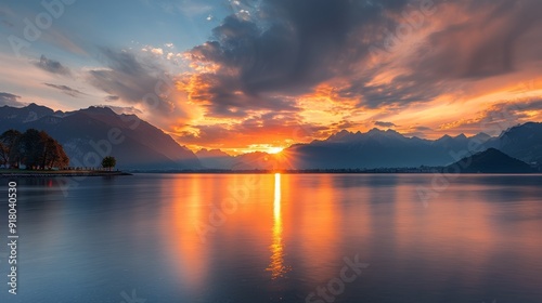 Sunset Over Serene Lake Surrounded by Mountains in Tranquil Landscape