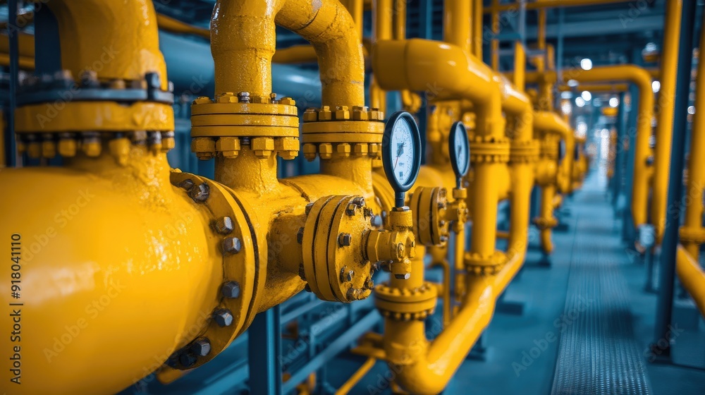 A network of yellow pipes and control valves in a gas plant, illustrating the critical infrastructure of the energy sector. A network of yellow pipes and control valves in a gas plant, illustrating the critical infrastructure of the energy sector.
