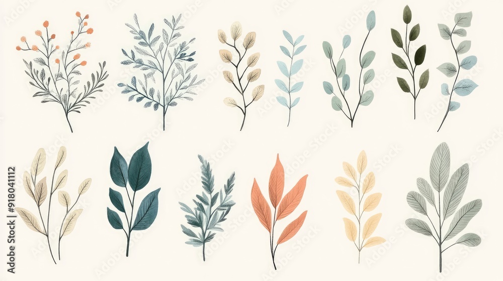 A pack of decorative and cute natural foliage designs, featuring intricate leaf patterns and soft colors, perfect for creative projects A pack of decorative and cute natural foliage designs, featuring intricate leaf patterns and soft colors, perfect for creative projects