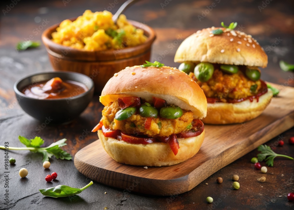 Flavorful potato vada nestles between sliced pav, topped with spicy chutney, showcasing the irresistible charm of a homemade Indian street food delight in Udaipur. Flavorful potato vada nestles between sliced pav, topped with spicy chutney, showcasing the irresistible charm of a homemade Indian street food delight in Udaipur.