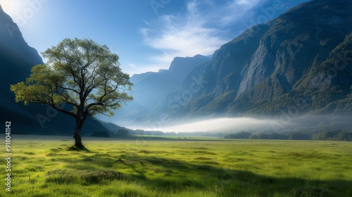 Snow-Capped Mountains Overlooking Lush Fields in Clear Sky