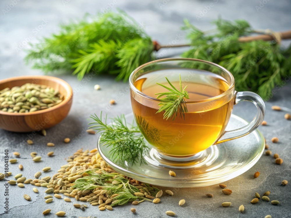 Fragrant fennel seeds and steaming tea leaves on a light grey table, surrounded by delicate sprigs, inviting relaxation and serenity in a soothing atmosphere. Fragrant fennel seeds and steaming tea leaves on a light grey table, surrounded by delicate sprigs, inviting relaxation and serenity in a soothing atmosphere.