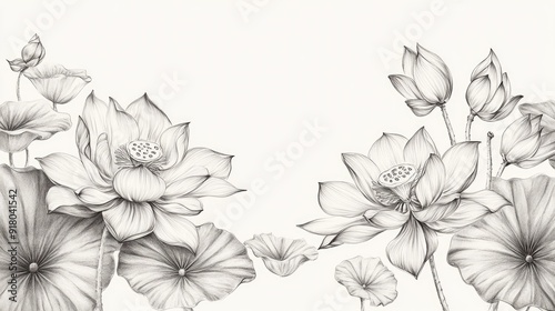 A realistic vintage drawing of a lotus flower border, showcasing delicate sketch details in a timeless, elegant design.