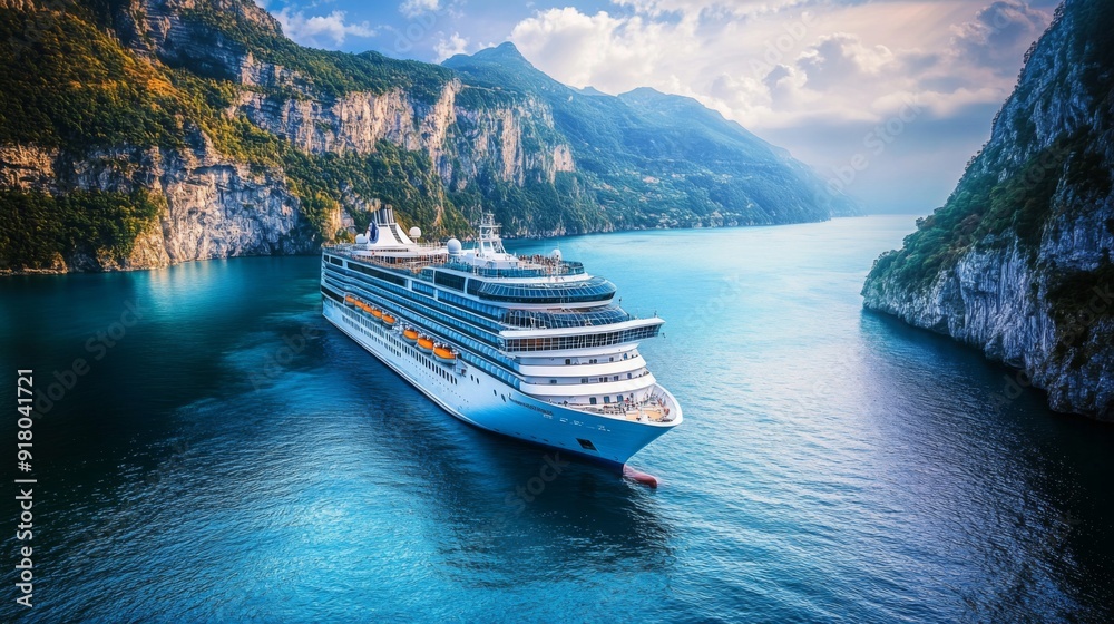 Fototapeta premium A stunning full-length view of a cruise ship anchored near a scenic coastline, with the ship's grandeur highlighted by the picturesque landscape and serene waters.
