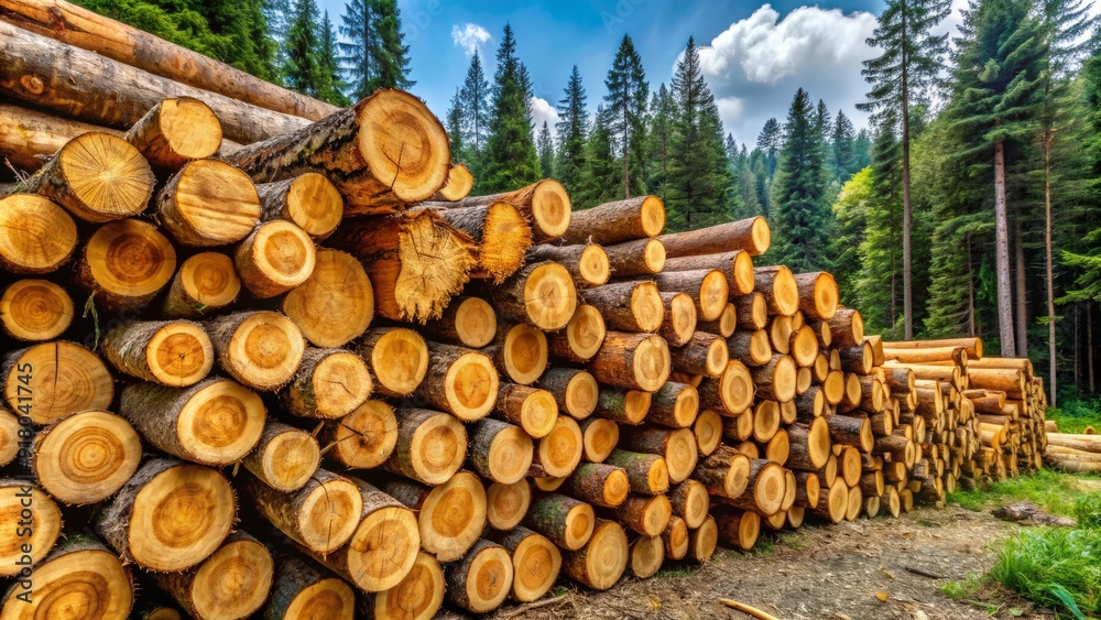 Freshly cut spruce logs stacked in a neat pile, showcasing the natural texture and pattern of the tree trunks in a forest setting. Freshly cut spruce logs stacked in a neat pile, showcasing the natural texture and pattern of the tree trunks in a forest setting.