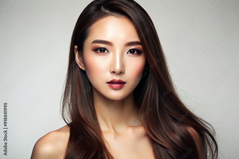 Naklejka premium Glowing Asian woman with long hair and flawless skin poses on a white background, showcasing perfect Korean-inspired makeup and radiant facial features, exuding beauty and serenity.