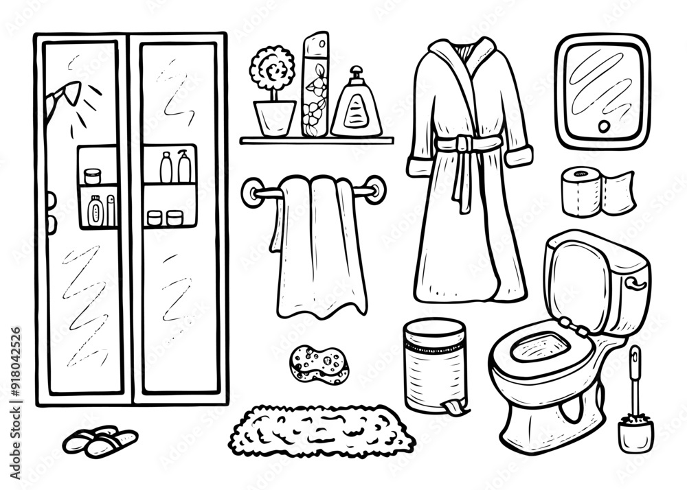 Obraz premium Bathroom hand drawn doodle. Toilet interior. Shower, robe, towel, mirror, rug, toilet paper, trash can, slippers. Home decor, furniture. Vector outline line art illustration.