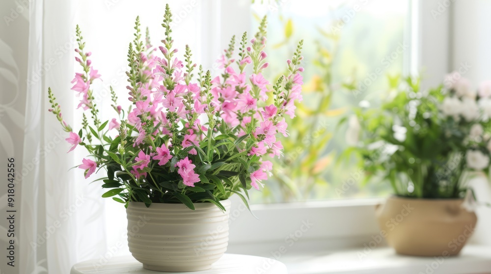 Angelonia goyazensis or Digitalis solicariifolia potted. Blooming pink Snapdragon on white. Indoor garden decor. Angelonia goyazensis or Digitalis solicariifolia potted. Blooming pink Snapdragon on white. Indoor garden decor.